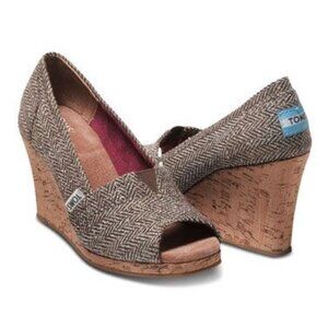 TOMS Wedge Pump Sandal Shoe Women 5 Tan Heels Open Toe Brown Gold Tweed Cork